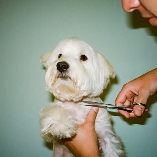 A terrier having its coat scissored by hand