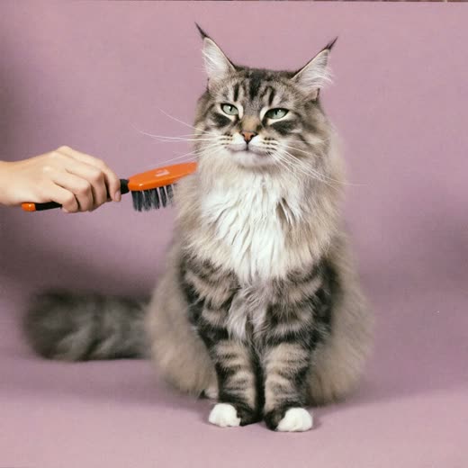 A long-haired cat being brushed